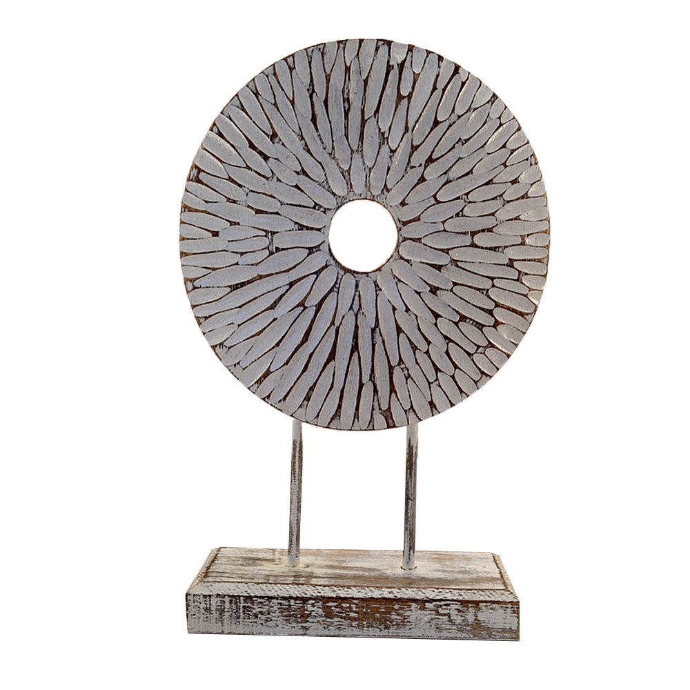 Hamptons Style Timber Whitewash Carved Flower Disk Coastal Beach Design